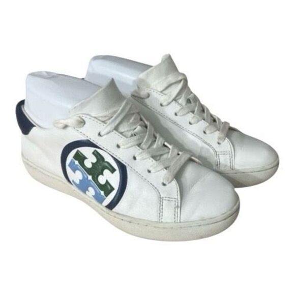 Tory Burch Leigh Green Blue T Logo Women Sneakers Size 5.5M White Leather Upper - Picture 10 of 11